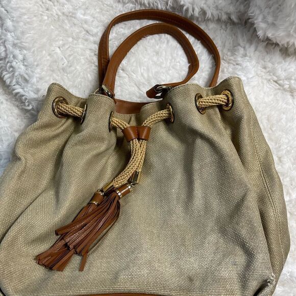 Michael Kors canvas faded gold shoulder bag Gold Threads Drawstring Rope Tassels - Picture 5 of 16